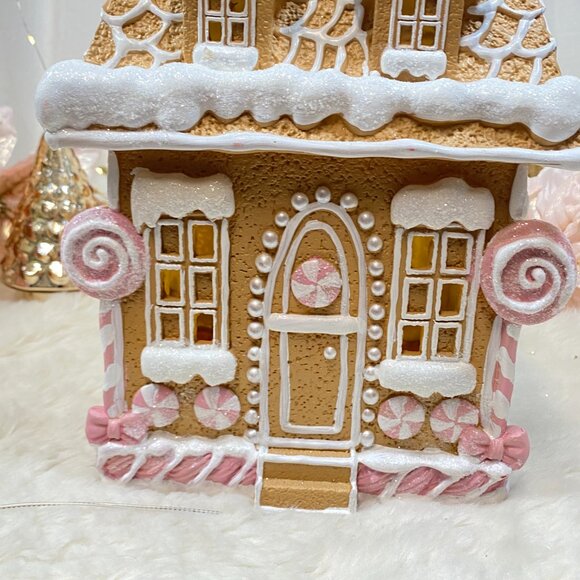 CUPCAKES & CASHMERE Christmas Pink Peppermint Bow Gingerbread House Led Light Up - Picture 5 of 10
